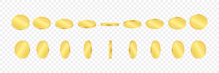 3d golden coins on a transparent background. Сoins in different positions. Vector illustration.