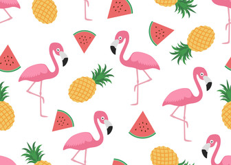 Seamless pattern of cute flamingo with slice watermelon and pineapple on white background - Vector illustration