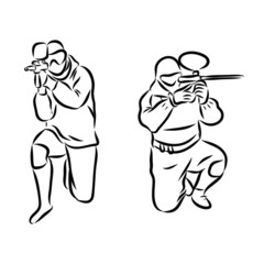 sketch of paintball player, contour vector illustration 