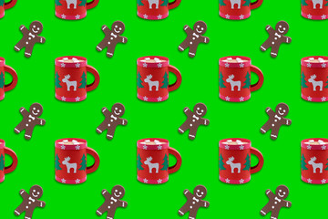 Festive background with paper mugs and gingerbread men