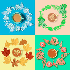 Set of paper donuts and leaves in seasonal design