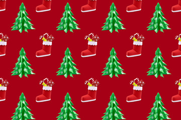 Festive background with paper Christmas trees and Santa's boots