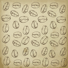 Organic coffee beans vector hand drawn pattern. Wrapping design with sketch illustration of coffee beans on oldered paper background.