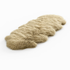 Skin of a sheepskin wool decor rug on a white background. 3D rendering