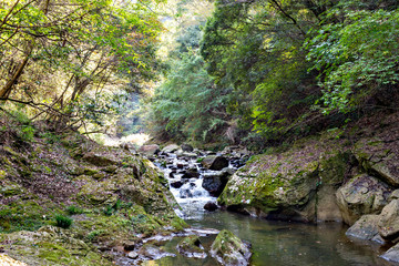 Hiking trail along Kamakura gorge in Hyogo prefecture, Japan in autumn
