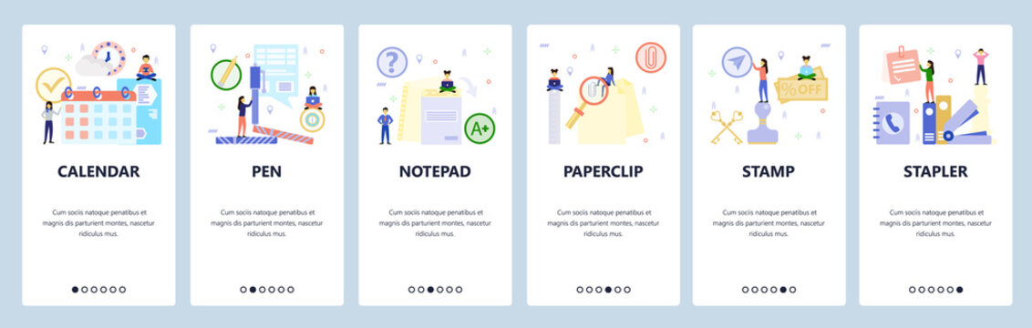 Mobile app onboarding screens. Office supplies, business calendar, stamp, paperclip. Menu vector banner template for website and mobile development. Web site design flat illustration