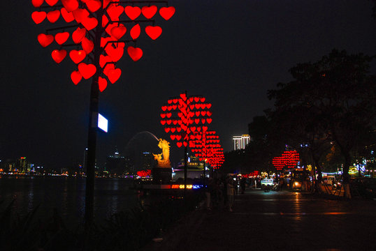 Love Bridge in DHC Marina in Da Nang city, illuminated at night 