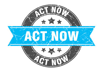 act now round stamp with turquoise ribbon. act now