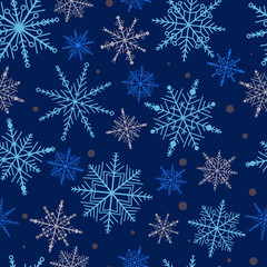 Fototapeta na wymiar pattern of snowflakes blue, beige color on a dark blue background.Vector, illustration for cards, design, greetings.