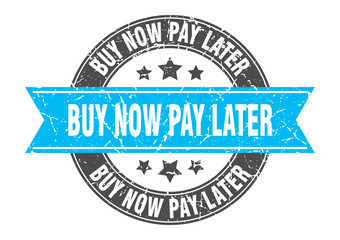 buy now pay later round stamp with turquoise ribbon. buy now pay later