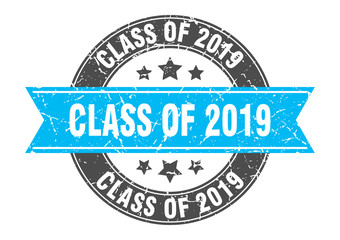 class of 2019 round stamp with turquoise ribbon. class of 2019