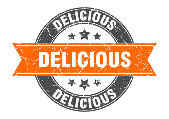 delicious round stamp with orange ribbon. delicious