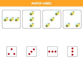 Educational worksheet for preschool kids. Match cards with dots and bees by amount.