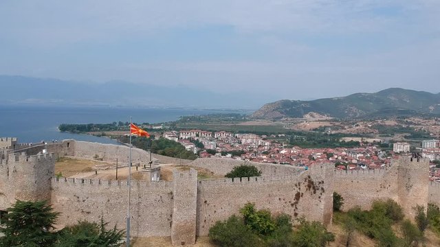 Ascending aerial view of King Samoil Fortress, overlooking lake Ohrid, Macedonia