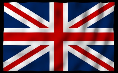 Waving flag of the Great Britain on dark background. British flag. United Kingdom of Great Britain and Northern Ireland. State symbol of the UK. 3D illustration