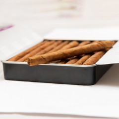 Box of cigarillos on a white background. On the box is one cigarillo