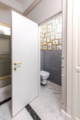 Entrance hallway in a modern apartment with a luxurious design: grey walls, built-in wardrobe, classic style