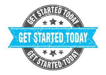 get started today round stamp with turquoise ribbon. get started today