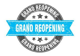 grand reopening round stamp with turquoise ribbon. grand reopening