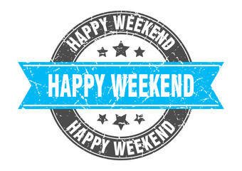 happy weekend round stamp with turquoise ribbon. happy weekend