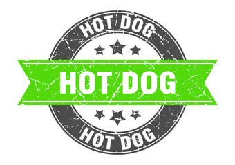 hot dog round stamp with green ribbon. hot dog