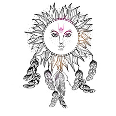 Hand drawn sun with ethnic feathers, Boho style.