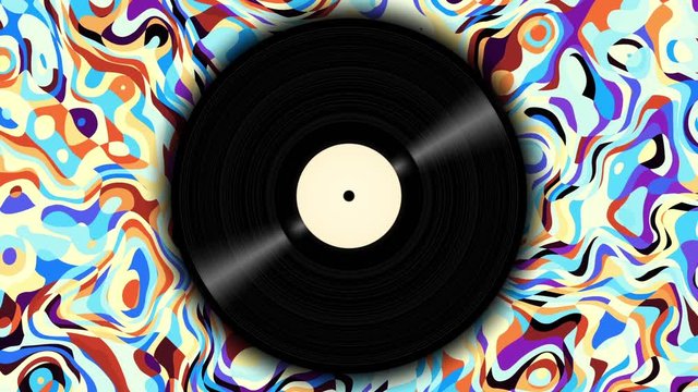 Spinning vinyl disc on abstract moving background. Seamless looping footage.