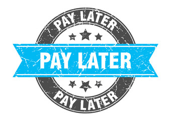 pay later round stamp with turquoise ribbon. pay later