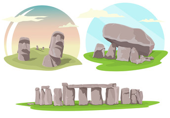 Famous travel locations, Stonehenge, Easter island and Brownshill dolmen