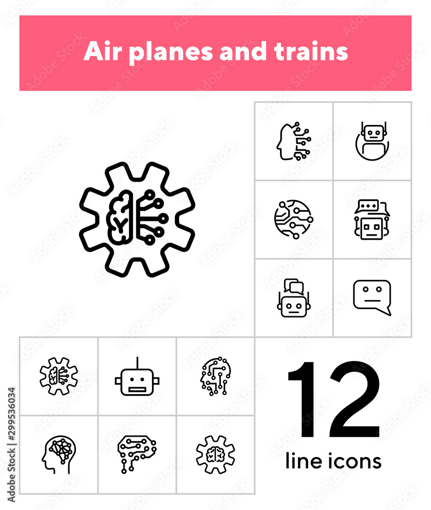 Poster ai technologies line icon set. circuit board, chat algorithm, cyber brain. artificial intelligence c