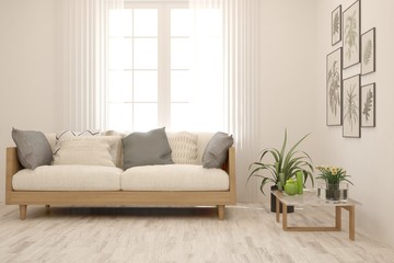 Stylish room in white color with sofa. Scandinavian interior design. 3D illustration