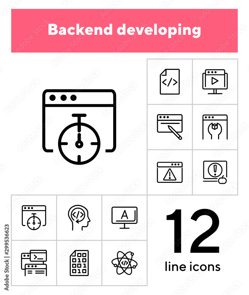 Poster backend developing line icon set. set of line icons on white background. technology concept. program