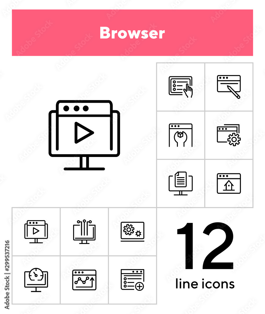 Poster browser line icon set. window, settings, homepage. internet concept. can be used for topics like web