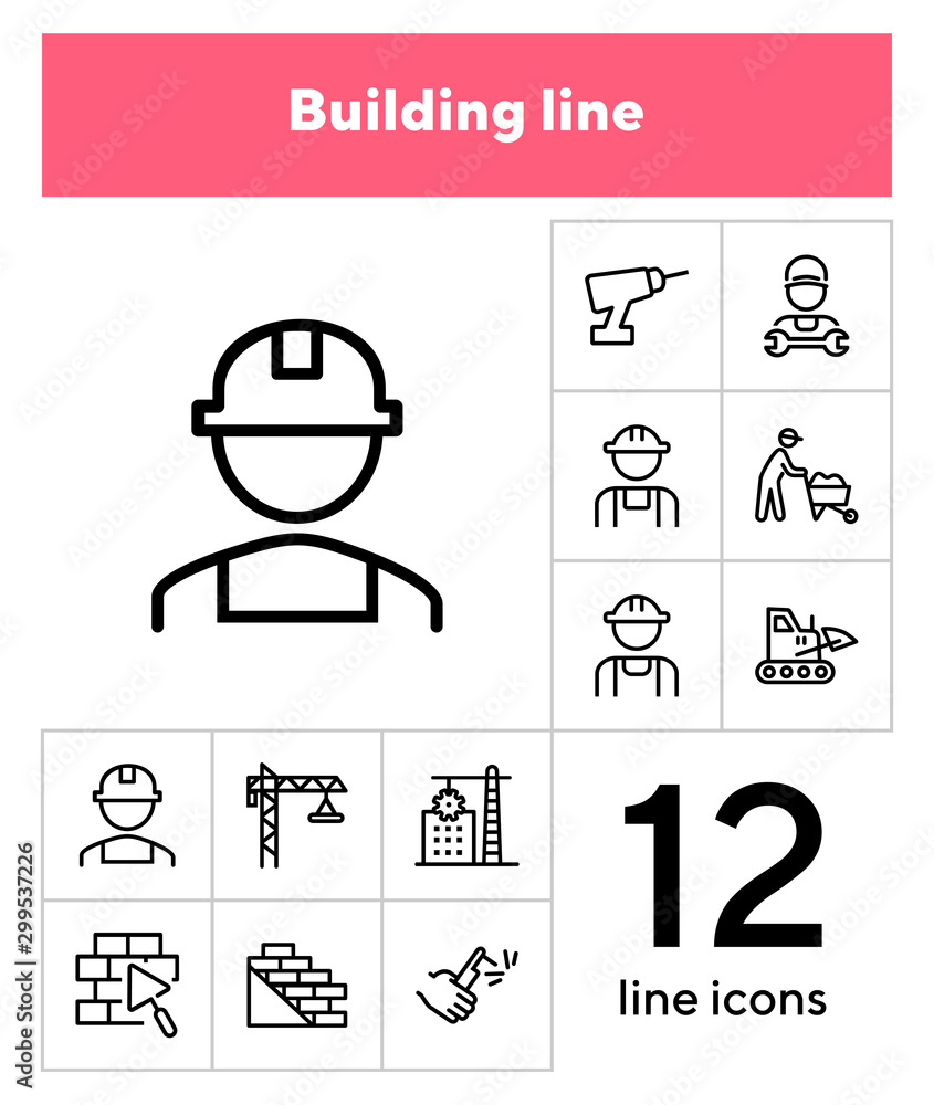 Poster building line icon set. set of line icons on white background. architecture concept. builder, wall, 