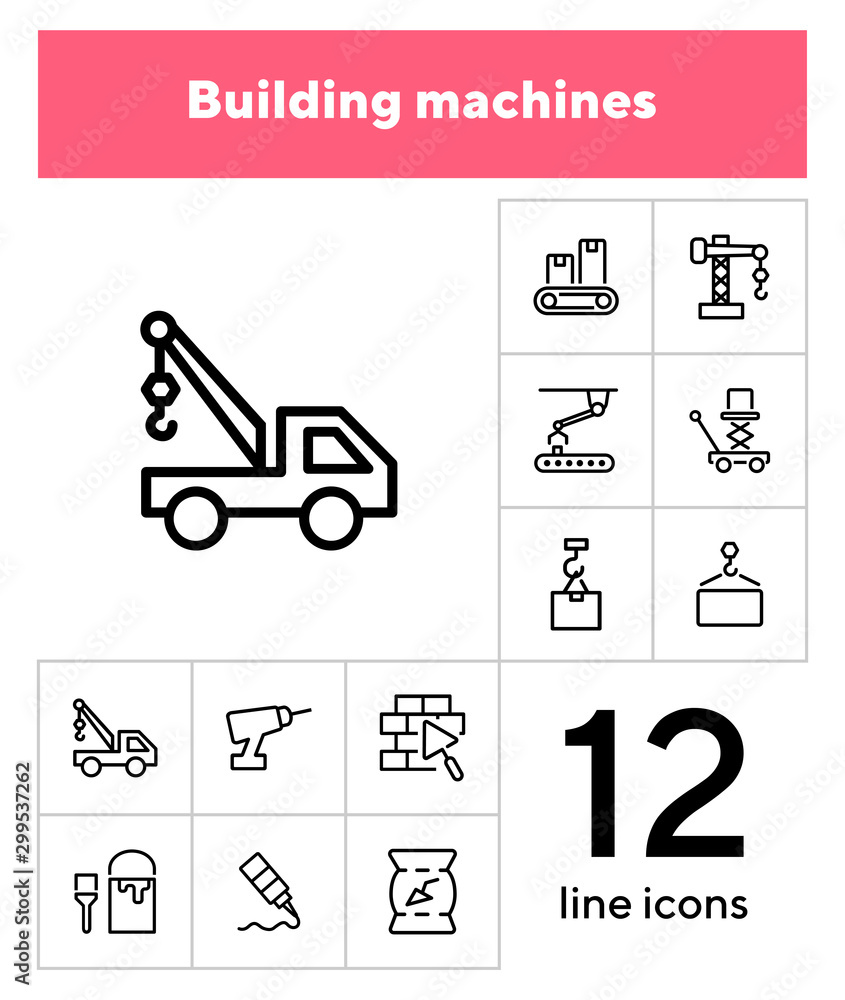 Poster building machines icons. set of line icons on white background. block, engineer, system. constructio