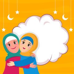 Islamic women hugging each other for Eid.