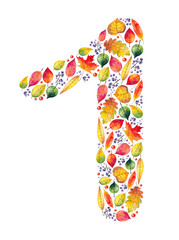 Autumn number one. Bright leaves and berries painted with watercolor.