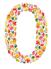 Autumn number zero. Bright leaves and berries painted with watercolor.