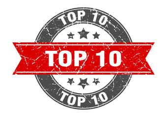 top 10 round stamp with red ribbon. top 10