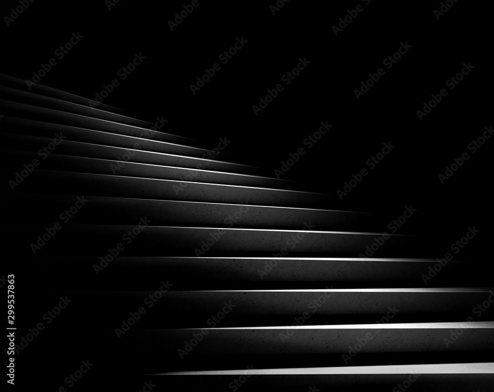 Wall mural black background. stone stairs with abstract light. steps in the darkness. 3d rendering