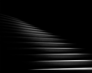 Black background. Stone stairs with abstract light. Steps in the darkness. 3D rendering