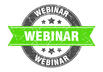 webinar round stamp with green ribbon. webinar