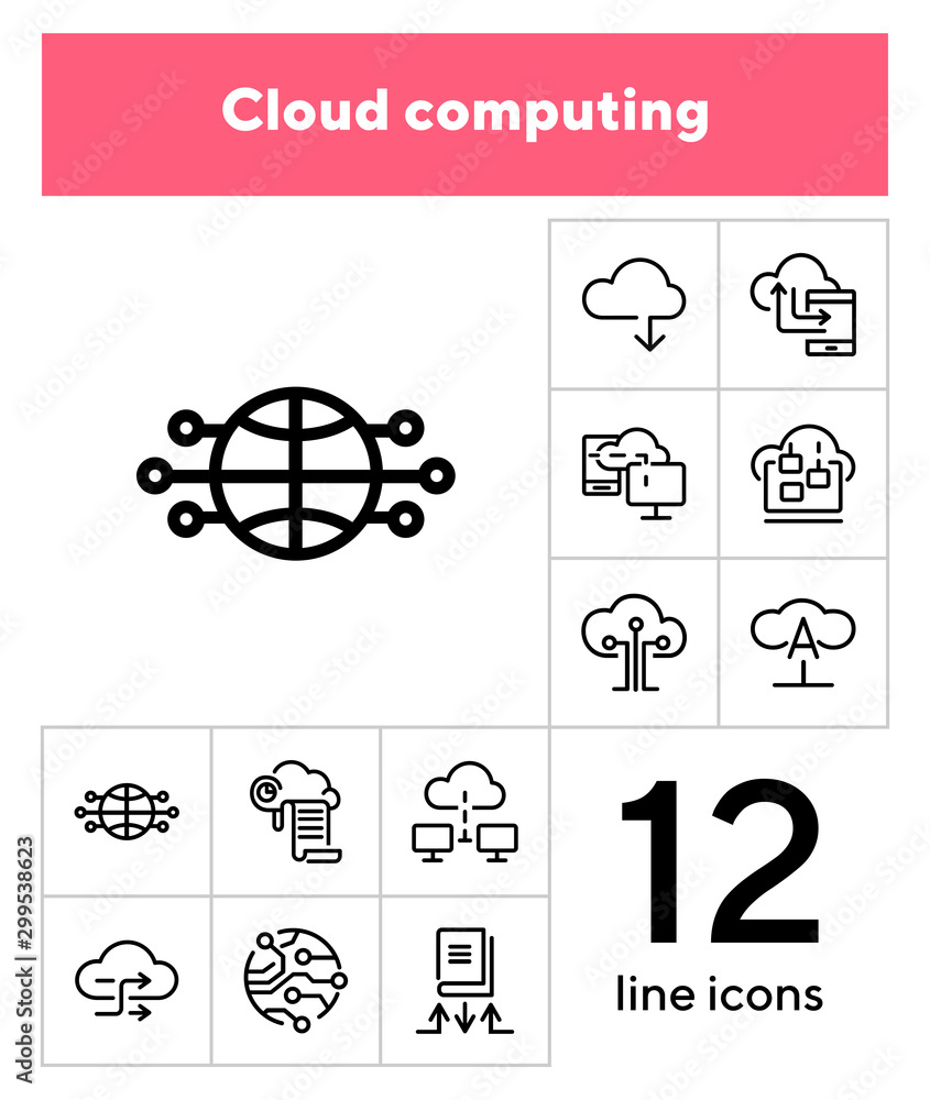 Poster cloud computing line icon set. set of line icons on white background. programming concept. system, s