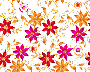 stylized golden leaves and flowers, shiny berries, delicate curls, geometric shape, paisley elements, seamless pattern, border, 3d rendering