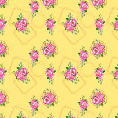 Seamless floral pattern, a bouquet of beautiful realistic pink roses, golden geometric shapes.