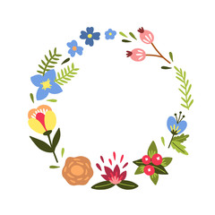 Fototapeta premium Floral wreath vector illustration isolated on white background. Elegant vintage style round frame with cute flowers and botanical elements
