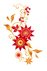 Floral arrangement, stylized golden leaves and flowers, shiny berries, delicate curls, geometric shape, paisley elements, isolated on a white background. 3d rendering