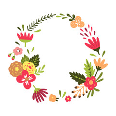 Romantic floral wreath vector illustration for wedding decoration. Beautiful frame with flowers, leaves, plants and branches