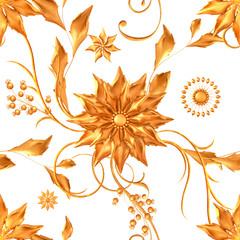 Naklejka na ściany i meble stylized golden leaves and flowers, shiny berries, delicate curls, geometric shape, paisley elements, seamless pattern, border, 3d rendering