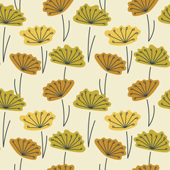 Vector Seamless background. Hand drawn simple stylized flowers and many stamens.